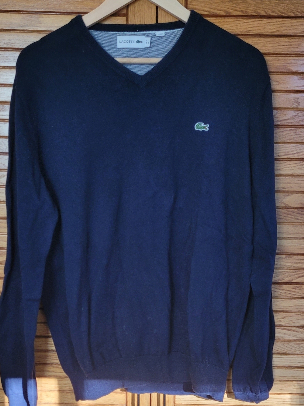 Lacoste Men's Dark Navy V-Neck Sweater. Cotton.
